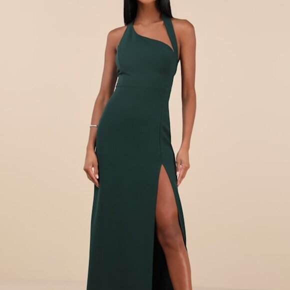 Lulus Unforgettable Composure Emerald Asymmetrical Halter Maxi Dress Green - Picture 1 of 1